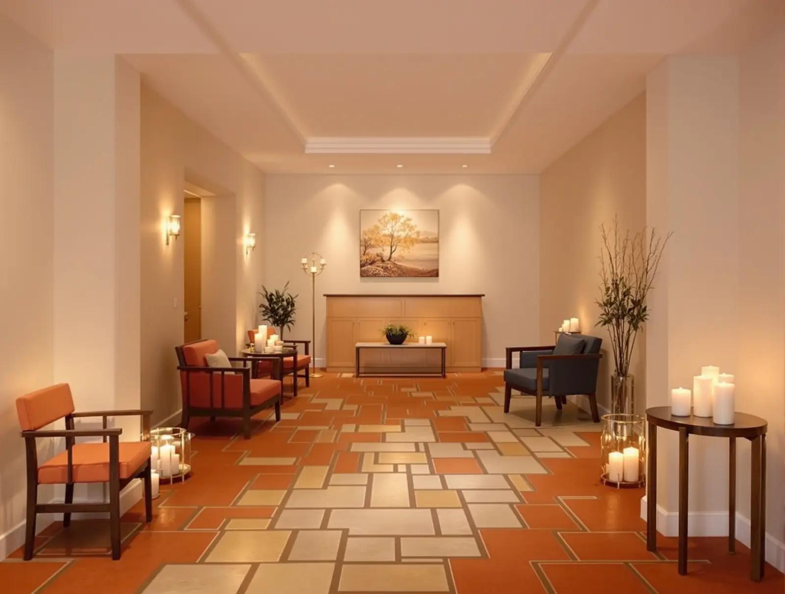 Réception de spa avec sol en carreaux de terre cuite orange et crème posés en opus irrégulier, fauteuils, bougies et éclairage chaleureux.