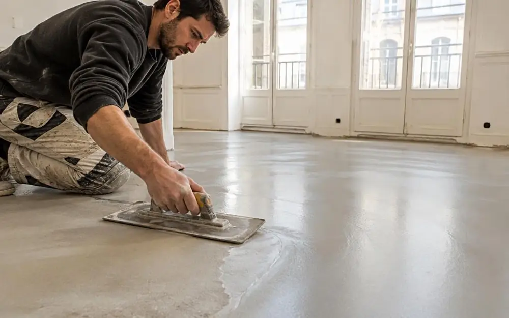 Ouvrier appliquant un béton ciré gris clair à la lisseuse inox sur le sol d’un appartement ancien.