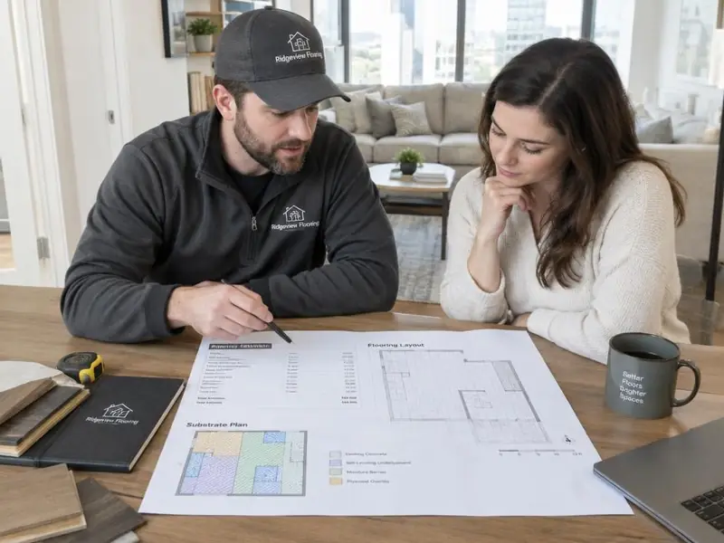 Artisan et cliente examinant des plans et des échantillons de revêtements de sol sur une table.