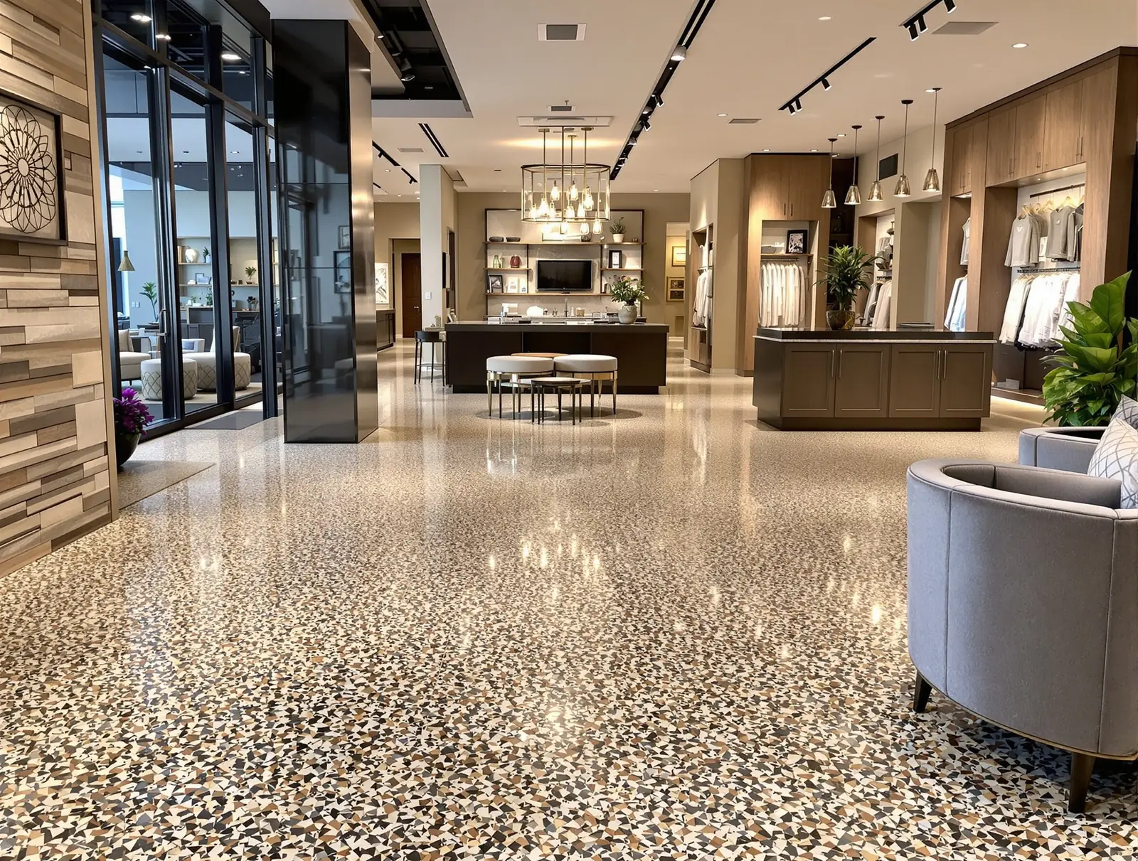 Espace de vente avec sol terrazzo poli à granulats beiges et sombres et mobilier design.