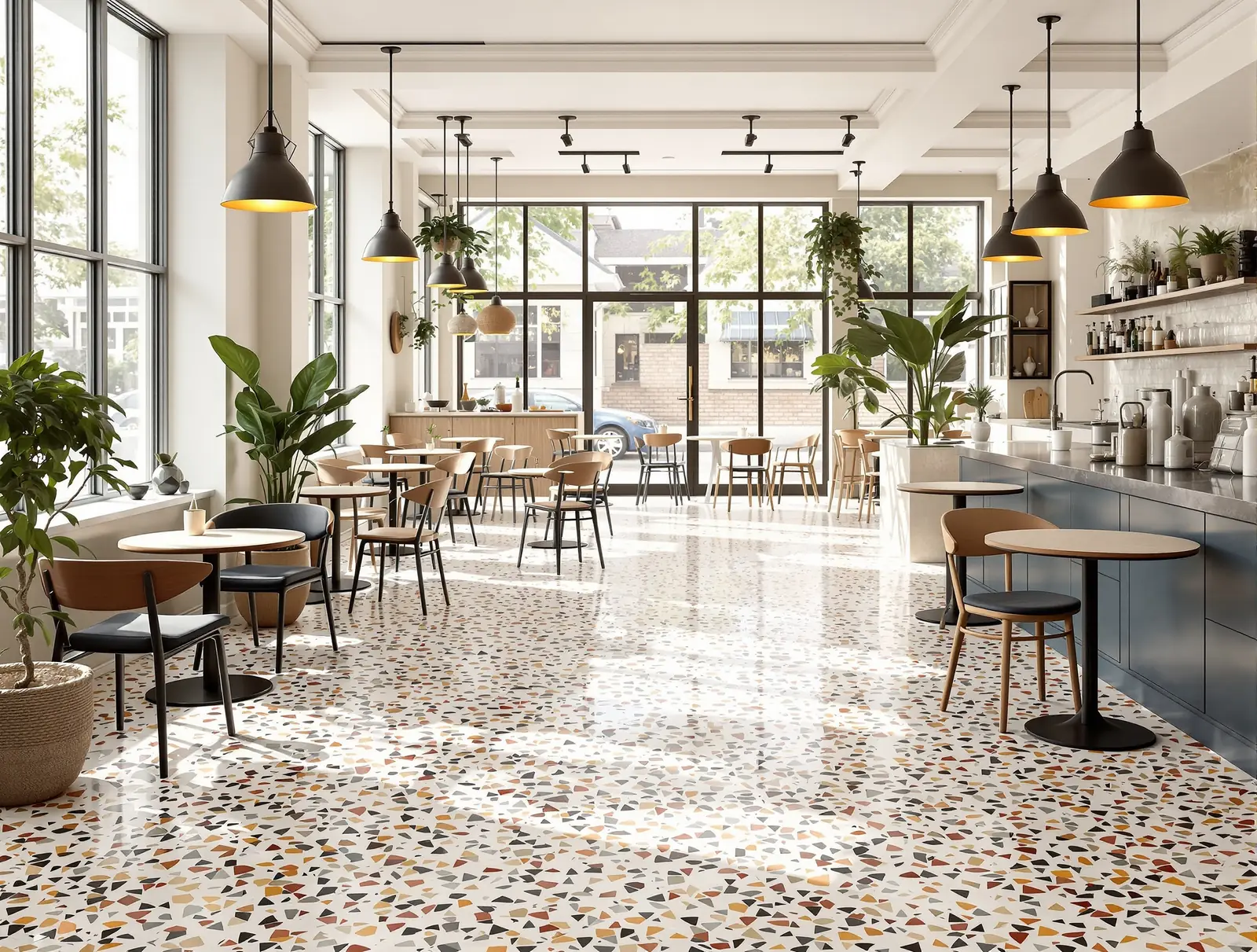 Café lumineux dont le sol est un terrazzo clair à grains multicolores, avec tables rondes, chaises en bois, suspensions noires et grandes baies vitrées.