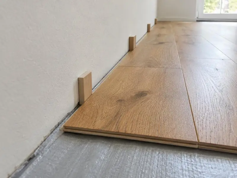 Première rangée de parquet flottant en chêne posée contre un mur avec cales d’écartement, sous-couche grise visible.