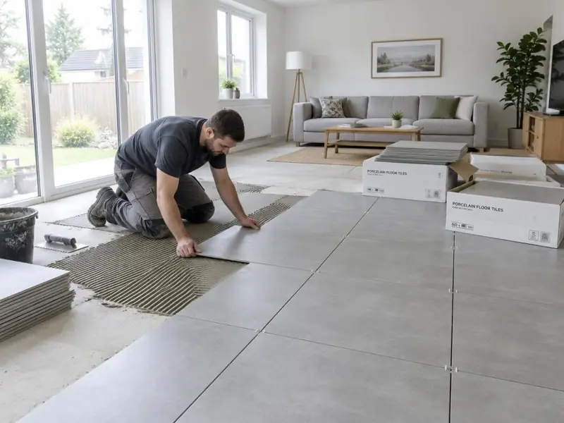 Carreleur à genoux posant de grands carreaux gris sur une colle peignée dans un salon.