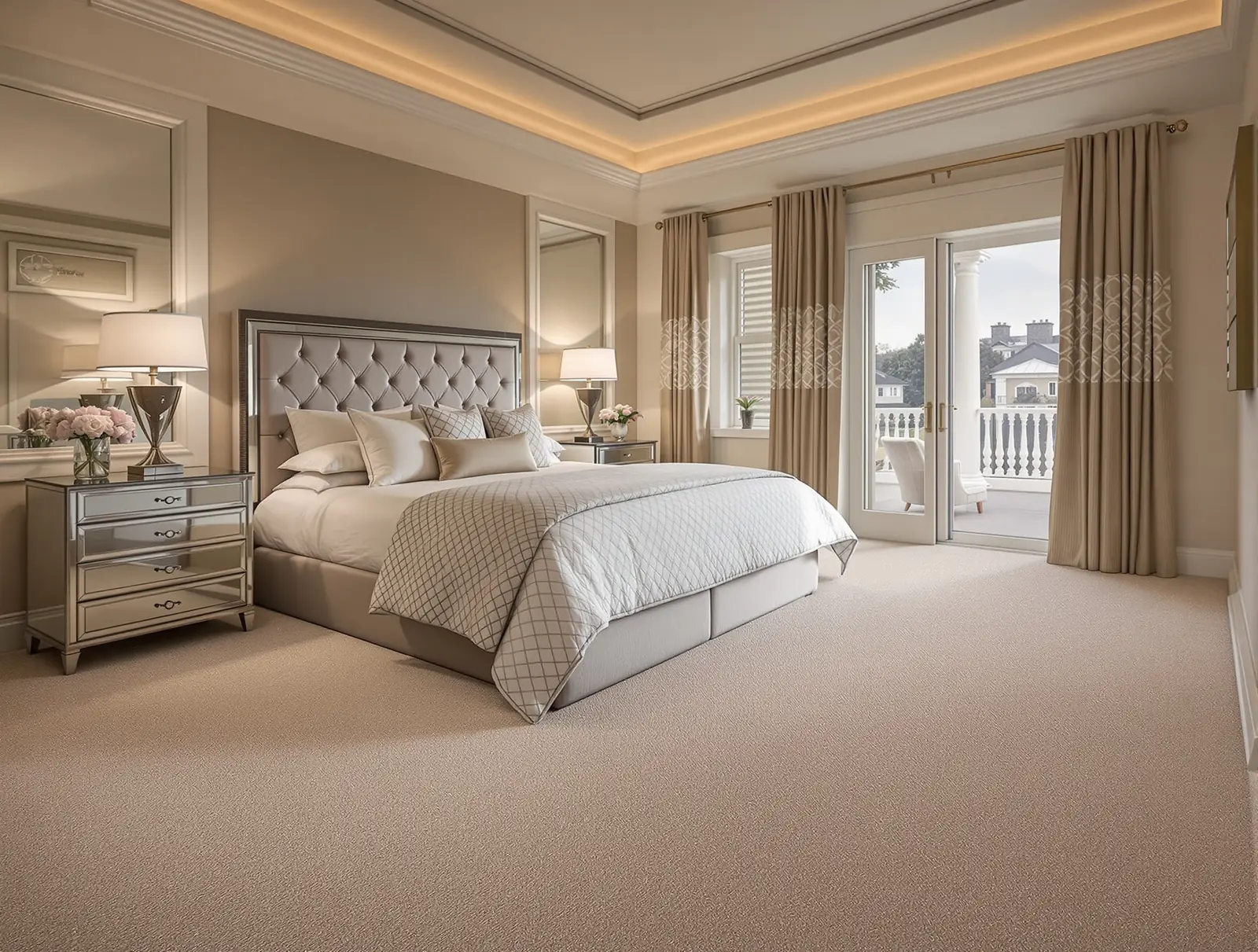 Chambre spacieuse avec moquette beige uniforme, lit à tête capitonnée, tables de chevet miroir, rideaux et baie vitrée ouvrant sur un balcon.