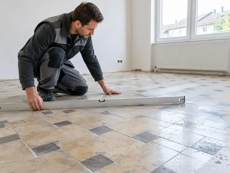 Homme à genoux contrôlant à la règle la planéité d’un ancien carrelage beige à motifs.