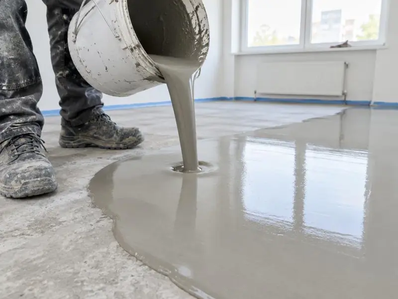 Coulée d’un ragréage autolissant gris depuis un seau sur un sol en préparation.