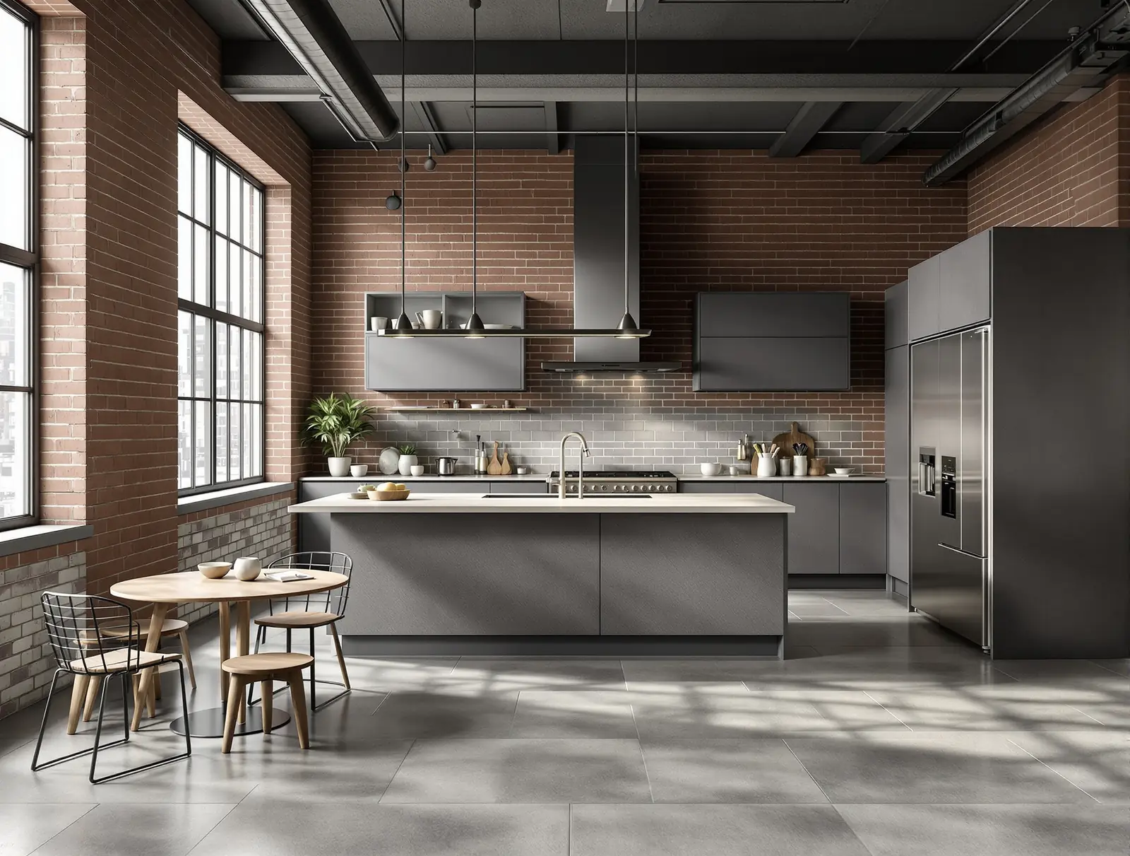Cuisine de loft avec grands carreaux gris mat effet béton, îlot central et mur de briques.
