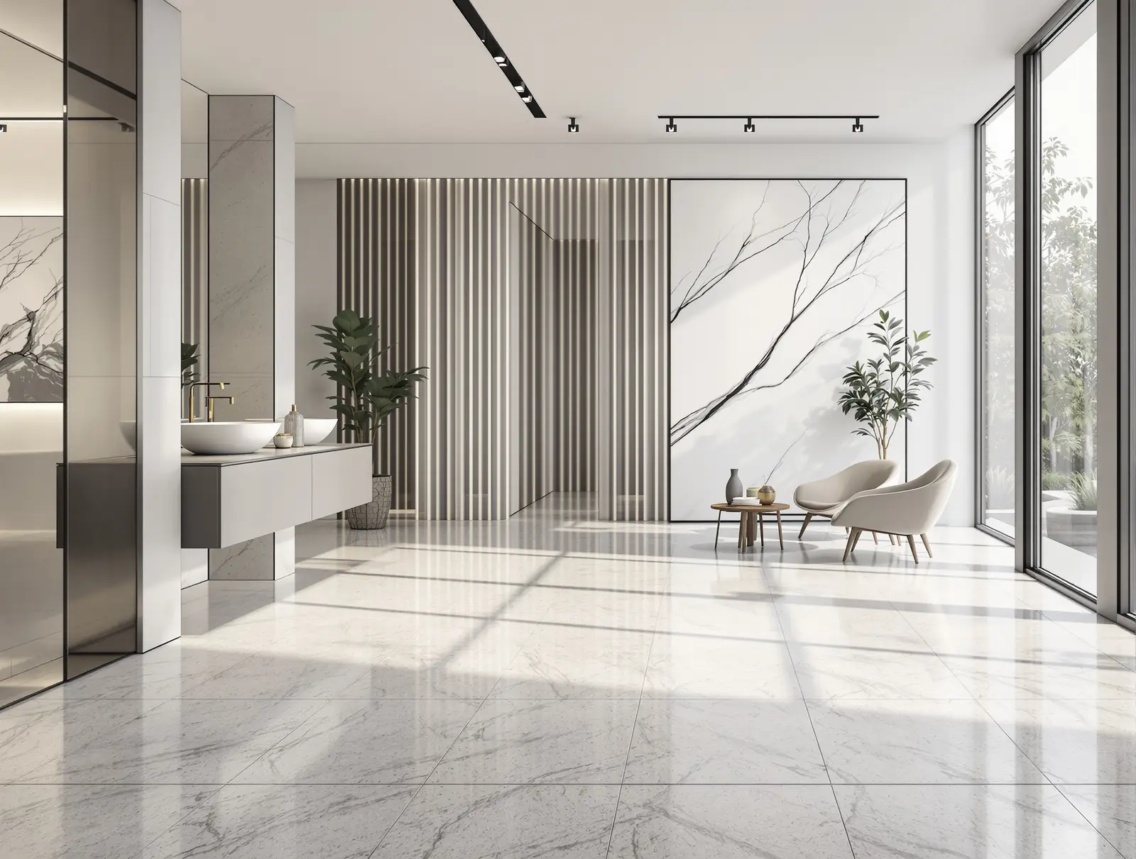 Grand espace ouvert contemporain au sol en grands carreaux de grès cérame effet marbre blanc et gris, lumière naturelle, baies vitrées et salle d'eau ouverte au fond.