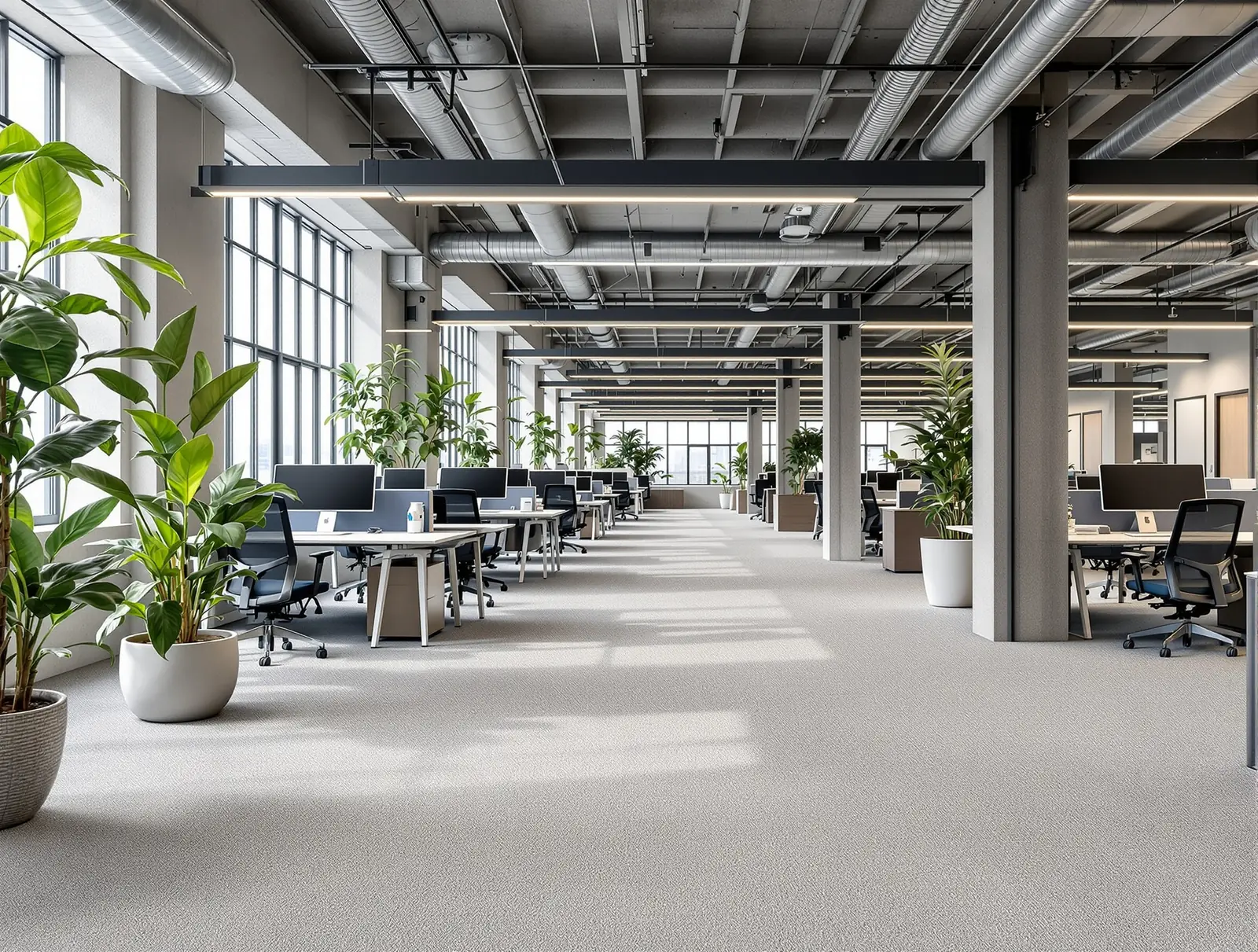 Open space avec bureaux et plantes sur un sol continu gris clair de type résine ou béton lissé