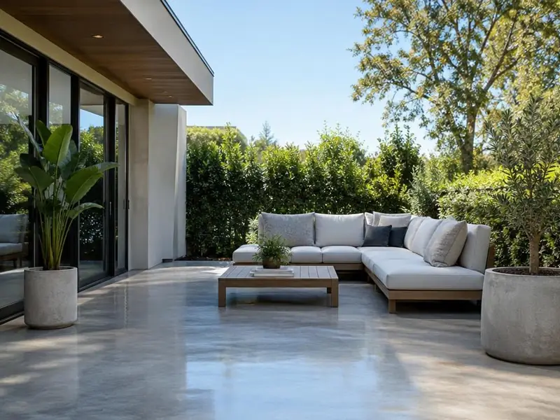 Patio avec sol en béton lissé gris, canapé d'angle d'extérieur, table basse en bois, plantes en pots et végétation en fond.