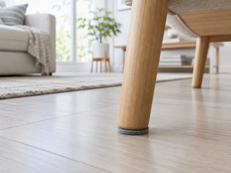 Pied de fauteuil en bois avec patin en feutre gris sur un sol stratifié clair, salon lumineux et tapis en arrière-plan.