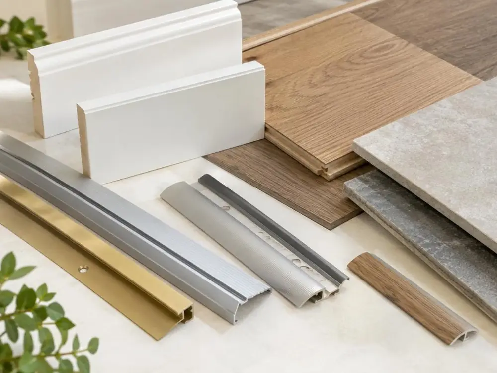 Plinthes, barres de seuil et profilés posés à côté d’échantillons de parquet et de carrelage