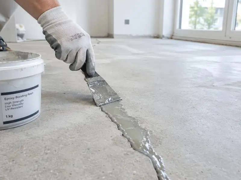 Main gantée appliquant à la spatule une résine de réparation dans une fissure de sol en béton.