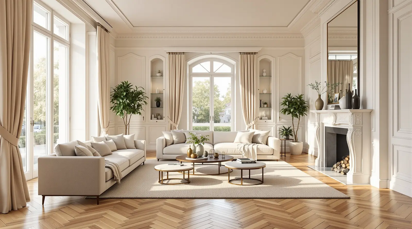 Salon lumineux au parquet de chêne clair posé en point de Hongrie