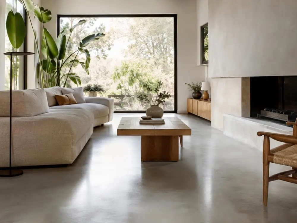 Salon contemporain avec sol continu en béton ciré gris, canapé beige, cheminée, grande baie vitrée et plantes, ambiance minimaliste.