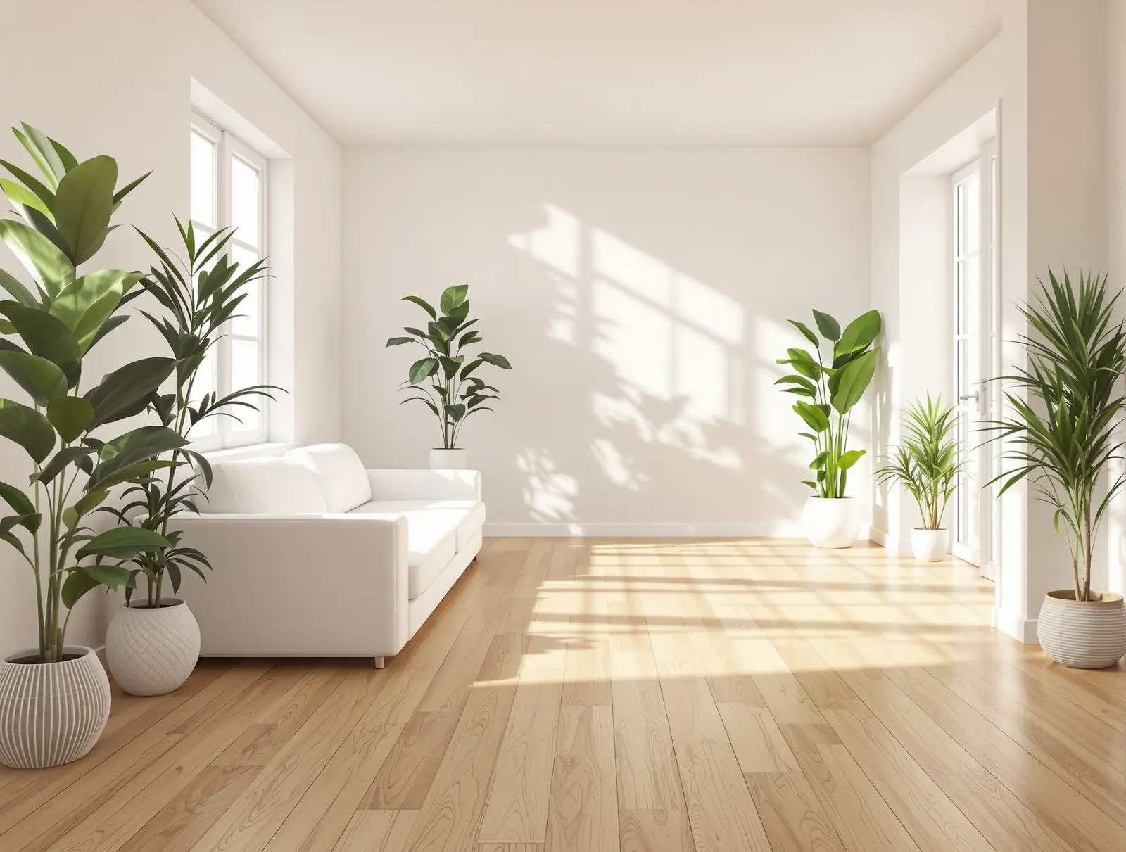 Salon lumineux avec parquet de chêne clair, canapé blanc et plantes vertes.
