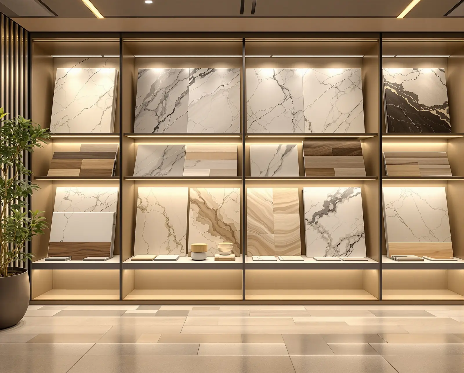 Showroom présentant des échantillons de carreaux grand format effet marbre et de lames de bois sur des étagères éclairées.