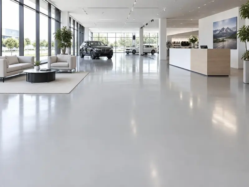 Grand showroom automobile au sol en résine époxy gris clair brillant, continu et sans joint, mobilier d'accueil, véhicules et vitrages en arrière-plan.