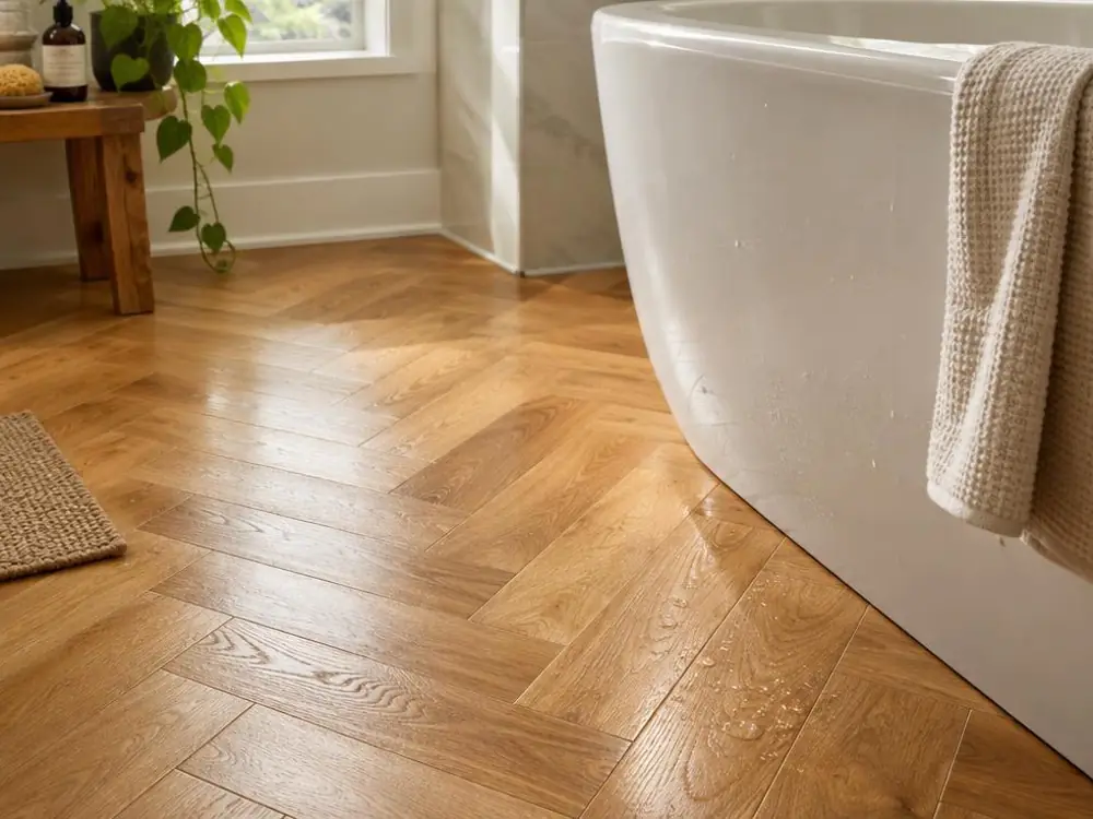 Sol aspect parquet chêne à chevrons dans une salle de bain, au pied d'une baignoire îlot blanche, avec tapis de bain en fibre et serviette.