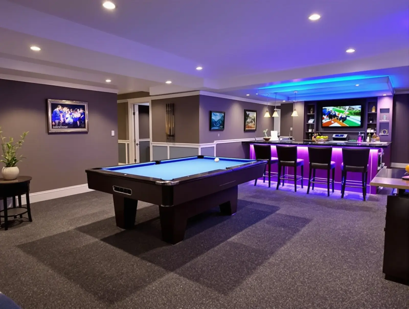 Sous-sol aménagé avec moquette gris charbon, table de billard et bar éclairé.