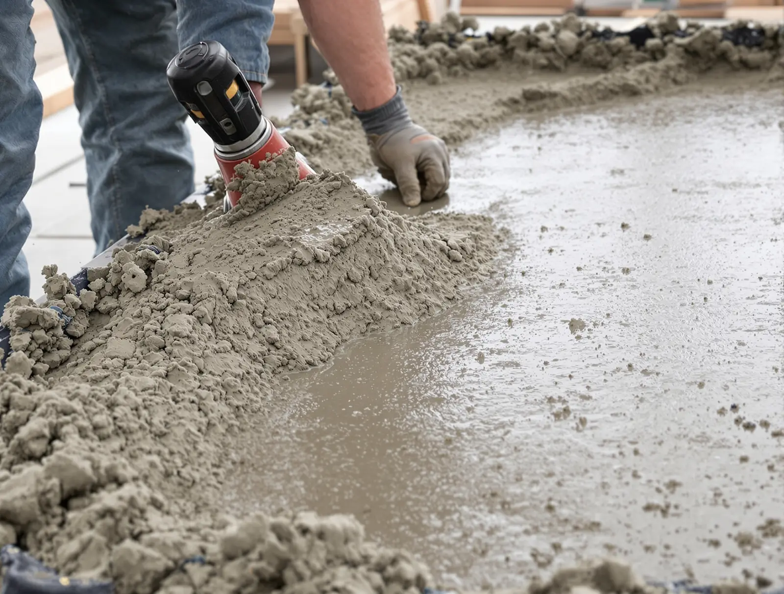 Ouvrier lissant à la taloche un béton gris fraîchement coulé sur un chantier de dalle.