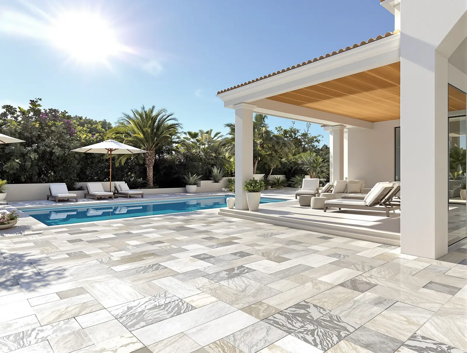 Terrasse de villa au bord d'une piscine avec dalles de pierre blanche et grise de formats variés, auvent en bois, transats et palmiers.
